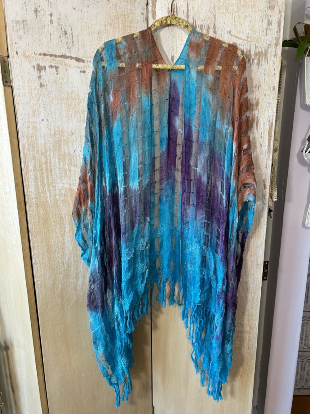 Open Weave Fringe Kimono - Teal, Purple & Rust